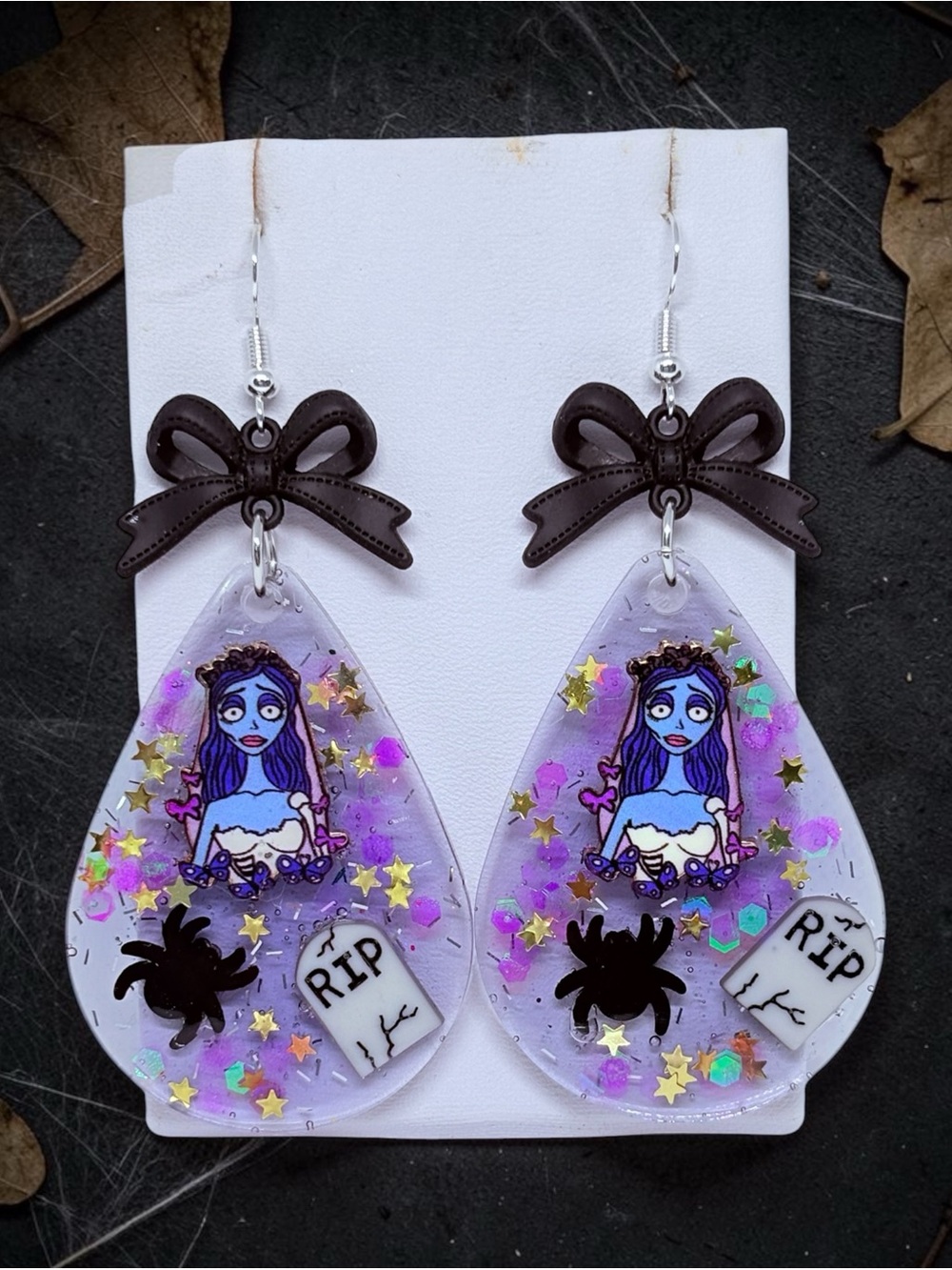 Purple Resin Goth Bride Tombstone Dangle Earrings